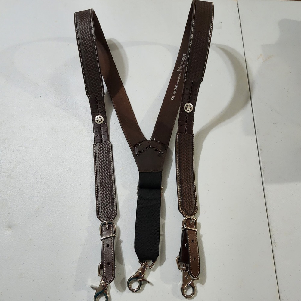 Nocona Mens Brown Leather Basketweave Western Suspenders Star Concho XXL EUC